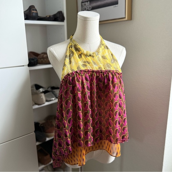 NWT Zara Pink and Yellow Colorful Peplum Boho Halter Neck Open Back Top Size L - Picture 10 of 12